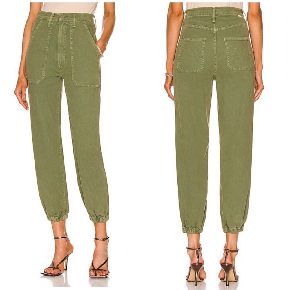 MOTHER The Wrapper Patch Springy Ankle Jogger Jeans Chalk Avocado Green Sz 28